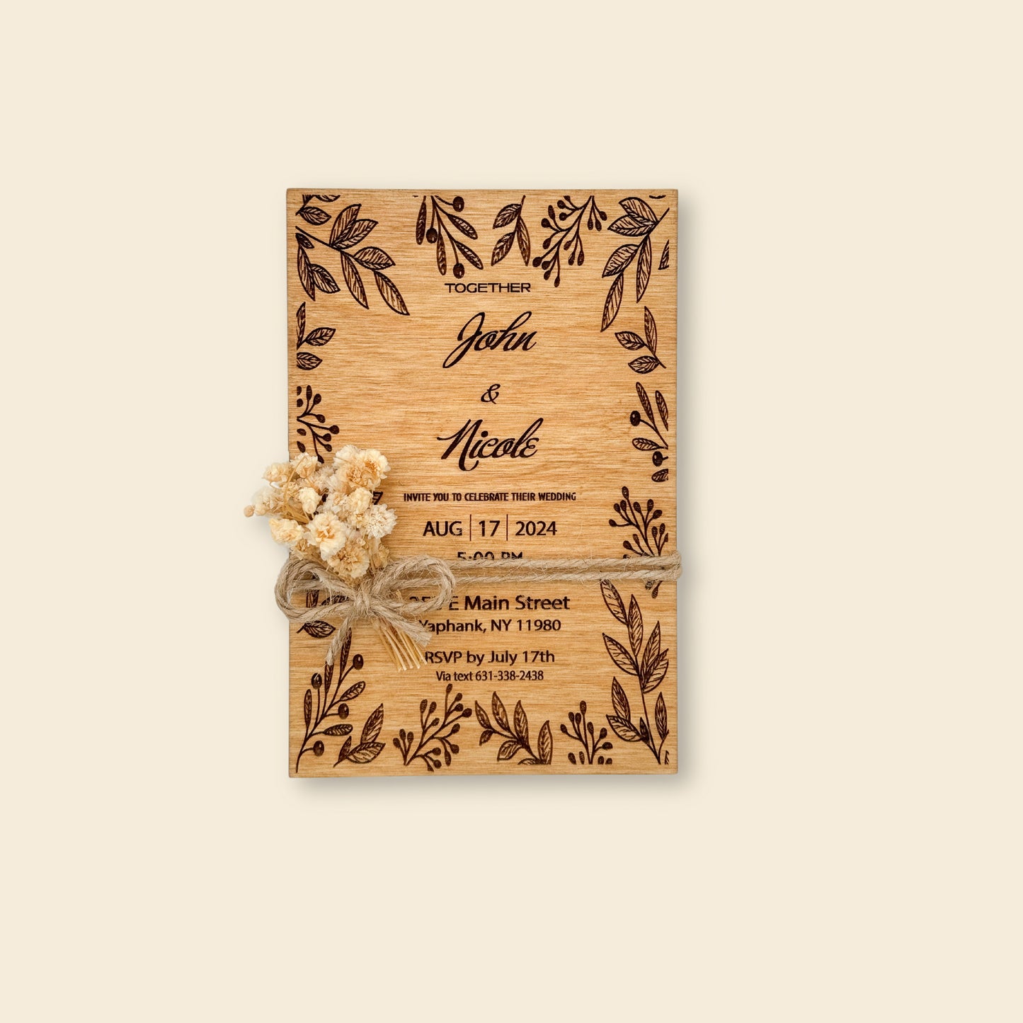 Wooden Wedding Invitation With Eucalyptus Leaves - Engraved Invitation