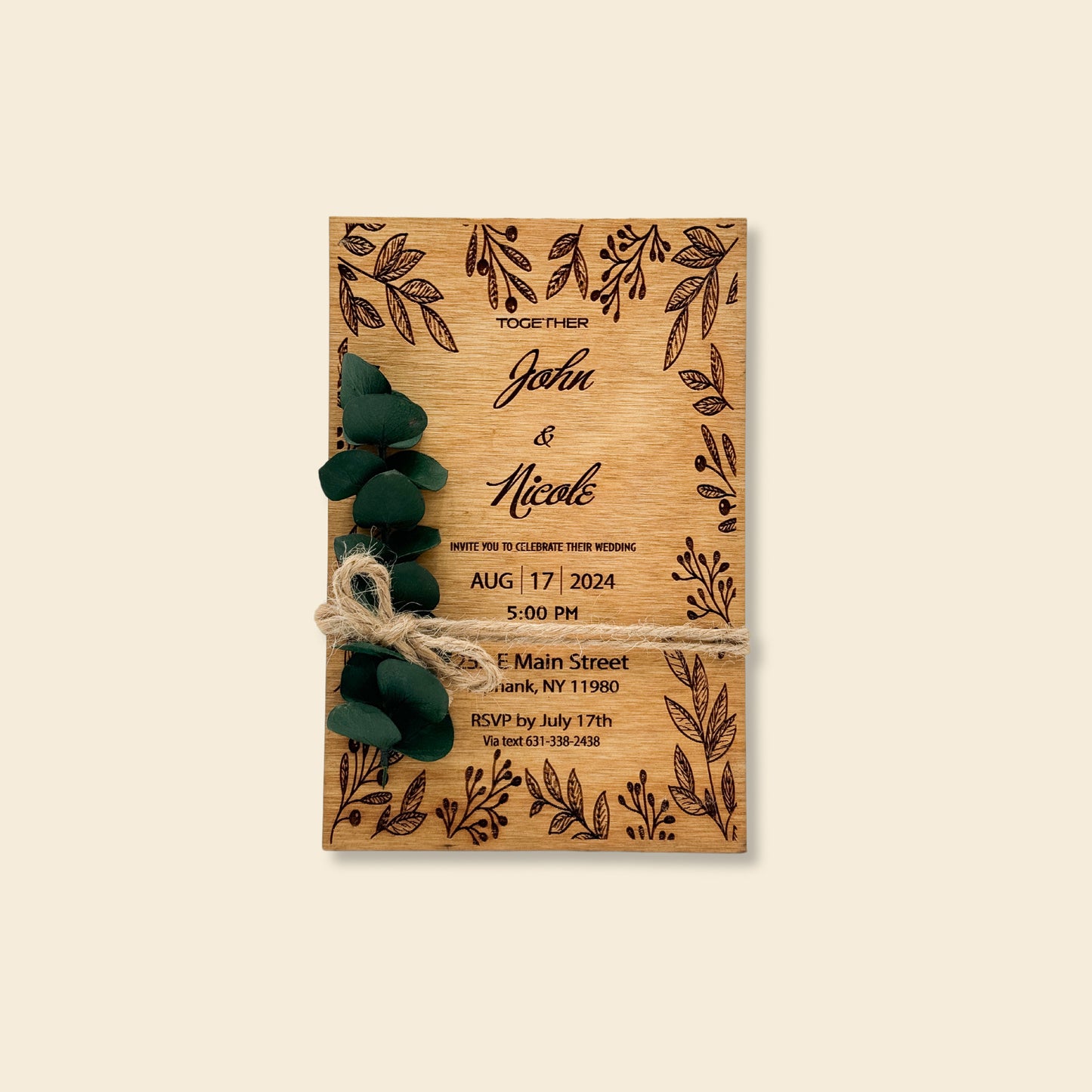 Wooden Wedding Invitation With Eucalyptus Leaves - Engraved Invitation