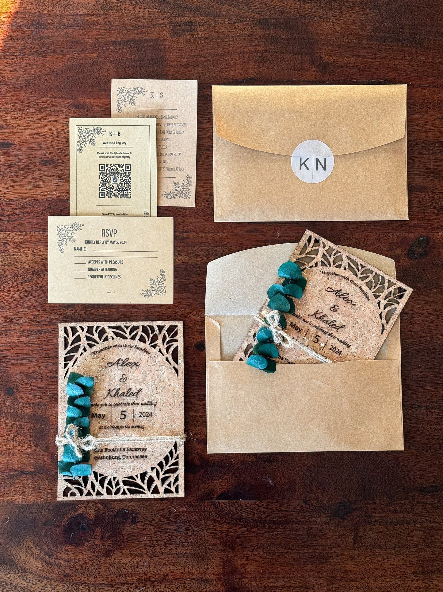 Wedding Invitation Set | Vine Cork Boho Wedding Invitation | Eucalyptus Wedding Invitation | Destination Wedding Invitation with RSVP cards