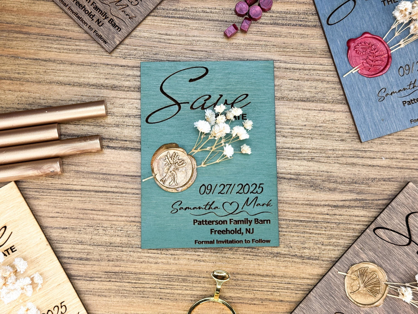 Sage Green Save The Date Magnets With Dried Flowers | Modern Wedding Magnets with Flowers  Wooden Save The Date with Stamp Wax Save The Date