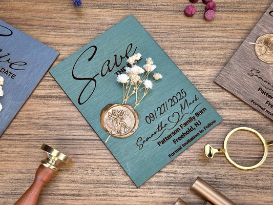 Sage Green Save The Date Magnets With Dried Flowers | Modern Wedding Magnets with Flowers  Wooden Save The Date with Stamp Wax Save The Date