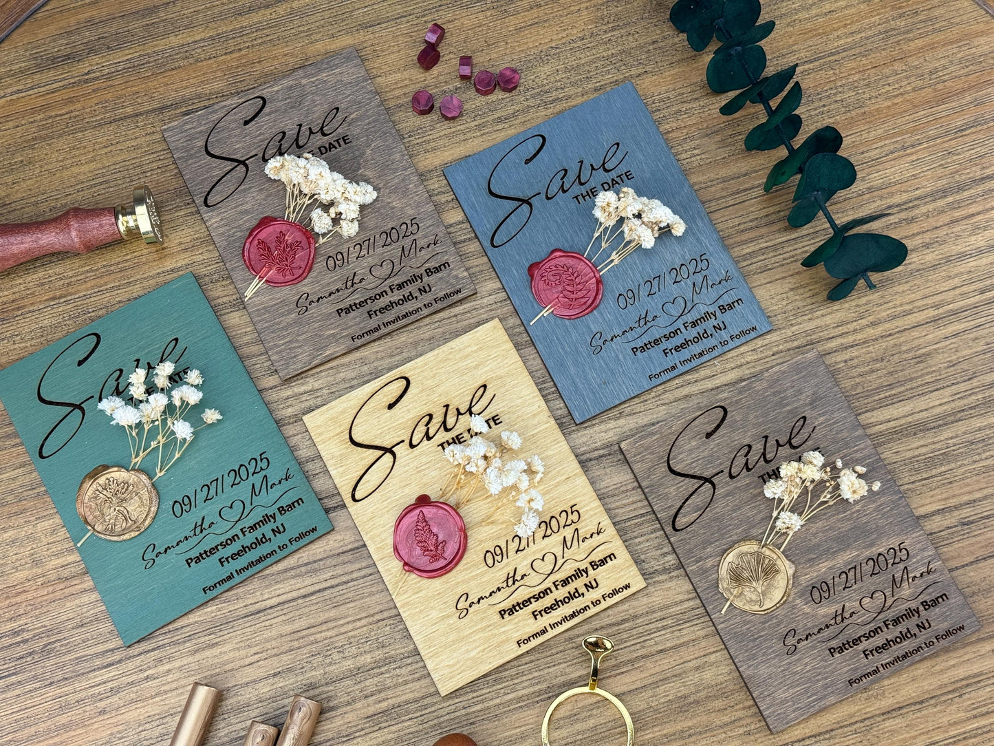 Sage Green Save The Date Magnets With Dried Flowers | Modern Wedding Magnets with Flowers  Wooden Save The Date with Stamp Wax Save The Date